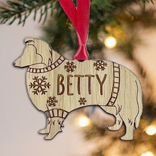 Load image into Gallery viewer, Personalised Shetland Bauble Jumper Dog Bauble - Oak Veneer Wood - Add any name
