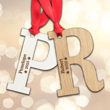 Load image into Gallery viewer, Personalised Wooden Letter Christmas Name and Year Initial Bauble

