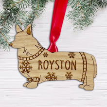 Load image into Gallery viewer, Personalised Corgi Bauble Jumper Dog Bauble - Oak Veneer Wood - Add any name
