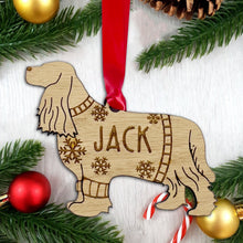 Load image into Gallery viewer, Personalised Cocker Spaniel Bauble Jumper Dog Bauble - Oak Veneer Wood - Add any name
