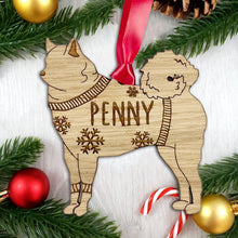 Load image into Gallery viewer, Personalised Finnish Spitz Bauble Jumper Dog Bauble - Oak Veneer Wood - Add any name
