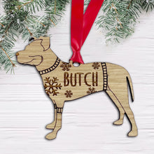 Load image into Gallery viewer, Personalised Pitfall Bauble Jumper Dog Bauble - Oak Veneer Wood - Add any name
