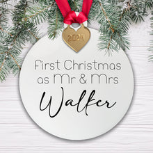 Load image into Gallery viewer, Personalised First Christmas as Mr &amp; Mrs - Mr Mr - Mrs Mrs Tree Decoration Bauble | Acrylic
