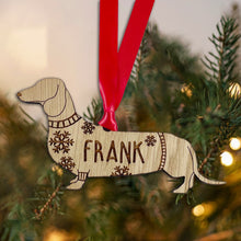 Load image into Gallery viewer, Personalised Daschund Bauble Jumper Dog Bauble - Oak Veneer Wood - Add any name
