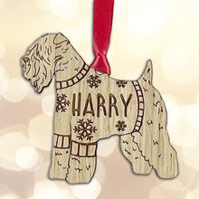 Load image into Gallery viewer, Personalised Soft Coated Wheaten Terrier Bauble Jumper Dog Bauble - Oak Veneer Wood - Add any name
