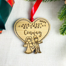 Load image into Gallery viewer, Personalised Mr &amp; Mrs Stick Figure Tree Decoration - Sustainable Oak Wooden Bauble
