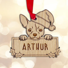 Load image into Gallery viewer, Personalised Chihuahua Dog Bauble - Peeking Dog - Oak Veneer Wood - Add your own name!
