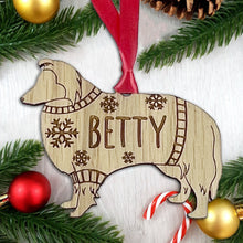 Load image into Gallery viewer, Personalised Shetland Bauble Jumper Dog Bauble - Oak Veneer Wood - Add any name
