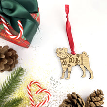 Load image into Gallery viewer, Personalised Pug Bauble Jumper Dog Bauble - Oak Veneer Wood - Add any name
