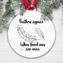 Load image into Gallery viewer, Acrylic Sublimation Bauble - Feathers appear... [White Marble / Black Ribbon]
