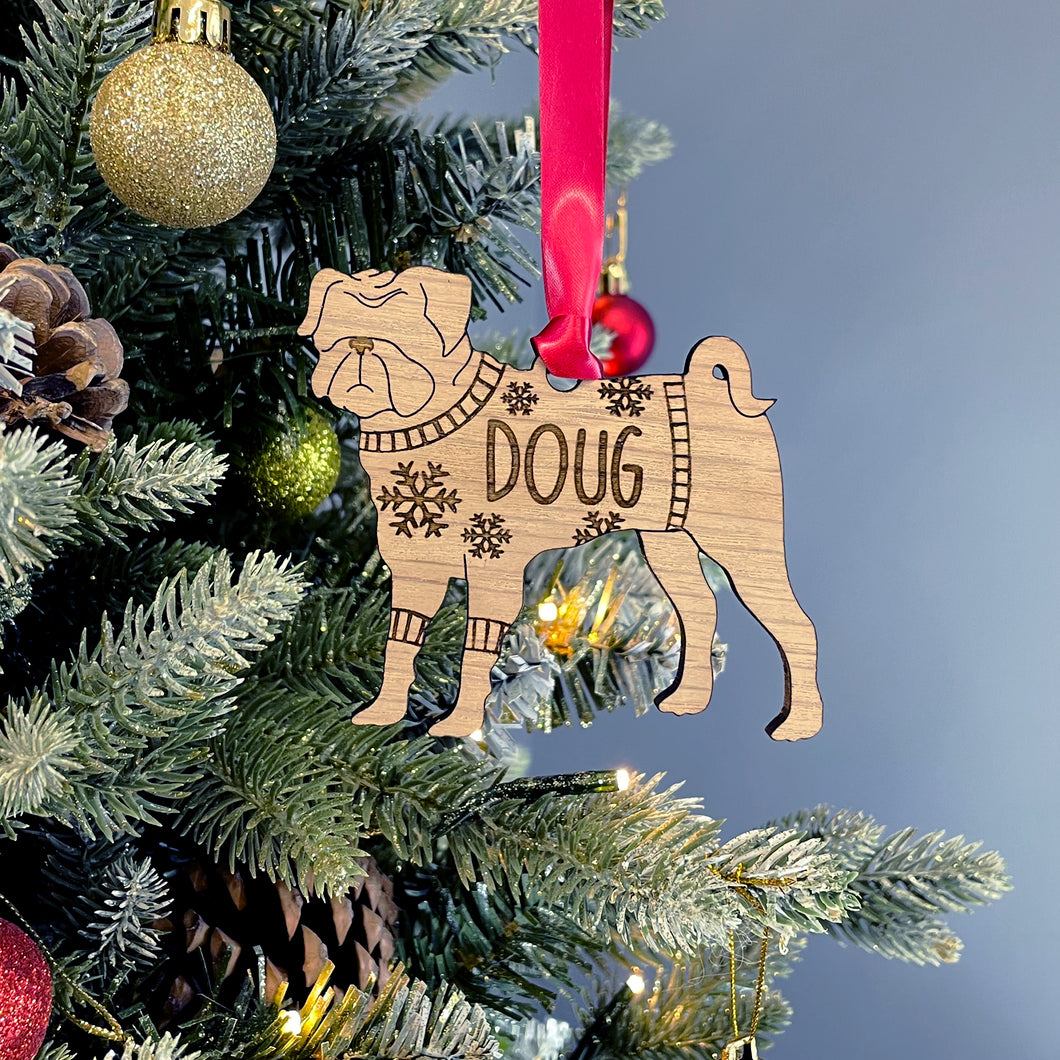 Personalised Pug Bauble Jumper Dog Bauble - Oak Veneer Wood - Add any name