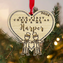 Load image into Gallery viewer, Personalised &#39;First Christmas As Mr &amp; Mr&#39; Tree Decoration - Sustainable Oak Wooden Bauble
