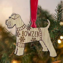 Load image into Gallery viewer, Personalised Schnauzer Bauble Jumper Dog Bauble - Oak Veneer Wood - Add any name
