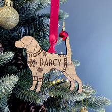 Load image into Gallery viewer, Personalised Beagle Bauble Jumper Dog Bauble - Oak Veneer Wood - Add any name
