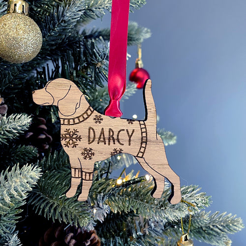 Personalised Beagle Bauble Jumper Dog Bauble - Oak Veneer Wood - Add any name