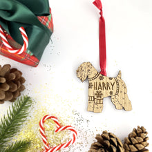 Load image into Gallery viewer, Personalised Soft Coated Wheaten Terrier Bauble Jumper Dog Bauble - Oak Veneer Wood - Add any name
