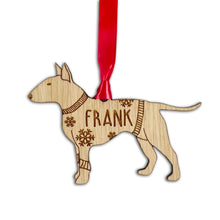 Load image into Gallery viewer, Personalised English Bull Terrier Bauble Jumper Dog Bauble - Oak Veneer Wood - Add any name
