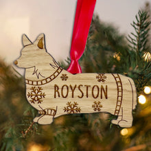 Load image into Gallery viewer, Personalised Corgi Bauble Jumper Dog Bauble - Oak Veneer Wood - Add any name
