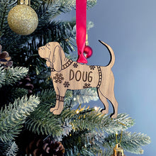 Load image into Gallery viewer, Personalised Blood Hound Bauble Jumper Dog Bauble - Oak Veneer Wood - Add any name
