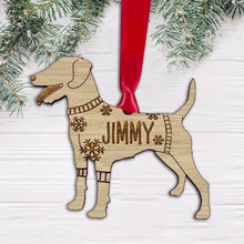 Load image into Gallery viewer, Personalised Patterdale Bauble Jumper Dog Bauble - Oak Veneer Wood - Add any name
