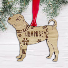 Load image into Gallery viewer, Personalised Chinese Shar-Pei Bauble Jumper Dog Bauble - Oak Veneer Wood - Add any name
