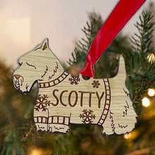 Load image into Gallery viewer, Personalised Scottie Bauble Jumper Dog Bauble - Oak Veneer Wood - Add any name
