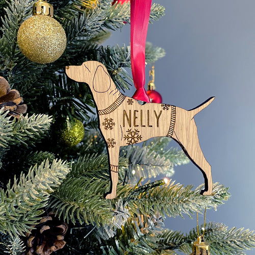 Personalised Hungarian Visla Bauble Jumper Dog Bauble - Oak Veneer Wood - Add any name