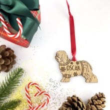 Load image into Gallery viewer, Personalised Old English Sheepdog Bauble Jumper Dog Bauble - Oak Veneer Wood - Add any name
