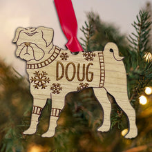 Load image into Gallery viewer, Personalised Pug Bauble Jumper Dog Bauble - Oak Veneer Wood - Add any name
