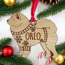 Load image into Gallery viewer, Personalised Chow Chow Bauble Jumper Dog Bauble - Oak Veneer Wood - Add any name
