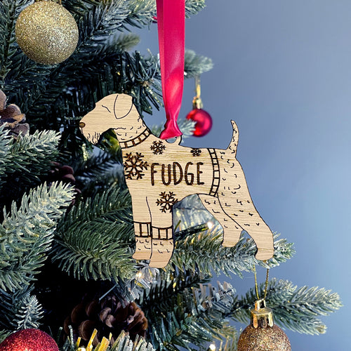 Personalised Airdale Terrier Bauble Jumper Dog Bauble - Oak Veneer Wood - Add any name