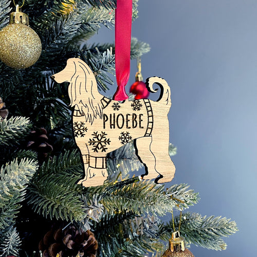 Personalised Afghan Hound Bauble Jumper Dog Bauble - Oak Veneer Wood - Add any name