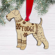 Load image into Gallery viewer, Personalised Airdale Terrier Bauble Jumper Dog Bauble - Oak Veneer Wood - Add any name
