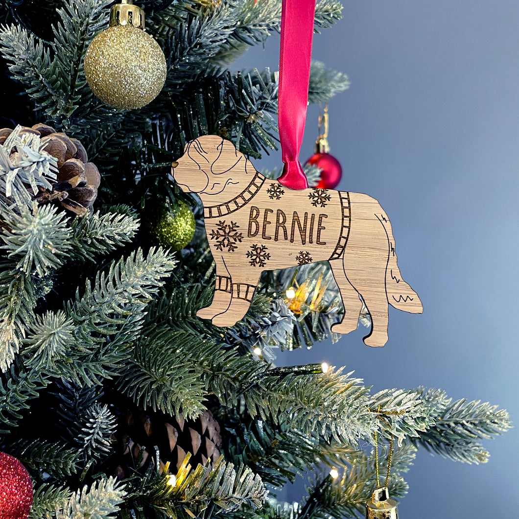 Personalised St Bernard Bauble Jumper Dog Bauble - Oak Veneer Wood - Add any name