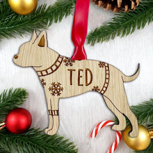 Load image into Gallery viewer, Personalised Boston Terrier Bauble Jumper Dog Bauble - Oak Veneer Wood - Add any name
