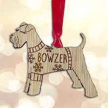 Load image into Gallery viewer, Personalised Schnauzer Bauble Jumper Dog Bauble - Oak Veneer Wood - Add any name

