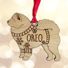 Load image into Gallery viewer, Personalised Chow Chow Bauble Jumper Dog Bauble - Oak Veneer Wood - Add any name
