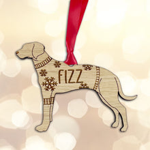 Load image into Gallery viewer, Personalised Rhodesian Bauble Jumper Dog Bauble - Oak Veneer Wood - Add any name
