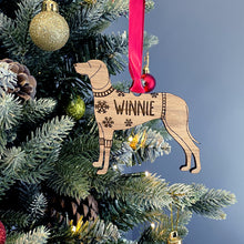 Load image into Gallery viewer, Personalised Weimaraner Bauble Jumper Dog Bauble - Oak Veneer Wood - Add any name
