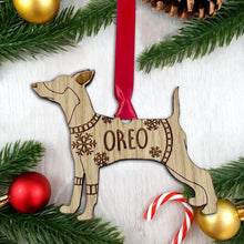 Load image into Gallery viewer, Personalised Miniature Pinscher Bauble Jumper Dog Bauble - Oak Veneer Wood - Add any name
