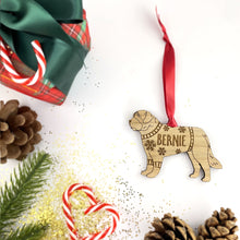 Load image into Gallery viewer, Personalised St Bernard Bauble Jumper Dog Bauble - Oak Veneer Wood - Add any name
