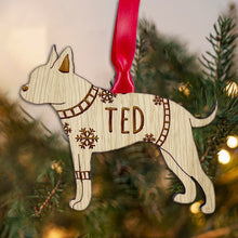 Load image into Gallery viewer, Personalised Boston Terrier Bauble Jumper Dog Bauble - Oak Veneer Wood - Add any name
