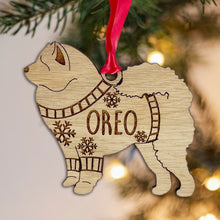 Load image into Gallery viewer, Personalised Chow Chow Bauble Jumper Dog Bauble - Oak Veneer Wood - Add any name
