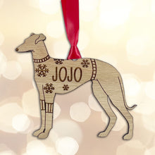 Load image into Gallery viewer, Personalised Greyhound Bauble Jumper Dog Bauble - Oak Veneer Wood - Add any name
