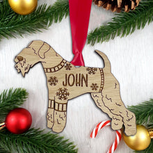Load image into Gallery viewer, Personalised Lakeland Bauble Jumper Dog Bauble - Oak Veneer Wood - Add any name
