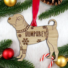 Load image into Gallery viewer, Personalised Chinese Shar-Pei Bauble Jumper Dog Bauble - Oak Veneer Wood - Add any name
