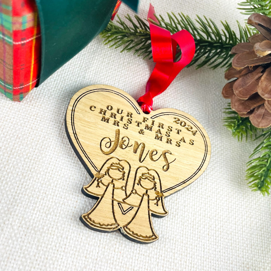 Personalised Mrs & Mrs Stick Figure Tree Decoration - Sustainable Oak Wooden Bauble