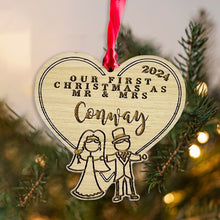 Load image into Gallery viewer, Personalised Mr &amp; Mrs Stick Figure Tree Decoration - Sustainable Oak Wooden Bauble
