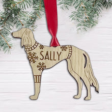 Load image into Gallery viewer, Personalised Saluki Bauble Jumper Dog Bauble - Oak Veneer Wood - Add any name
