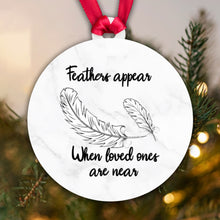 Load image into Gallery viewer, Acrylic Sublimation Bauble - Feathers appear... [White Marble / Black Ribbon]
